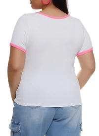 Womens Plus Size Rib Knit Seamless Ringer Tee, White, Size 1X-2X