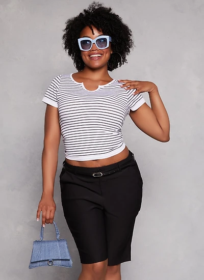 Plus Seamless Striped Notch Neck Tee