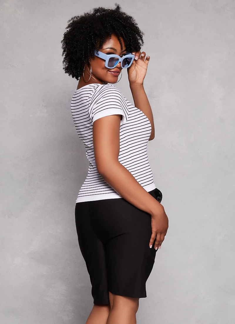 Plus Seamless Striped Notch Neck Tee