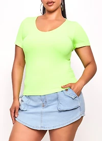 Womens Plus Size Seamless Textured Knit Scoop Neck Tee, Green, Size 2X-3X