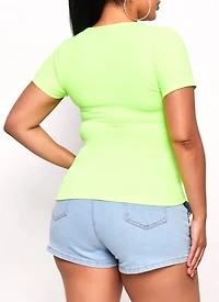 Womens Plus Size Seamless Textured Knit Scoop Neck Tee, Green, Size 2X-3X