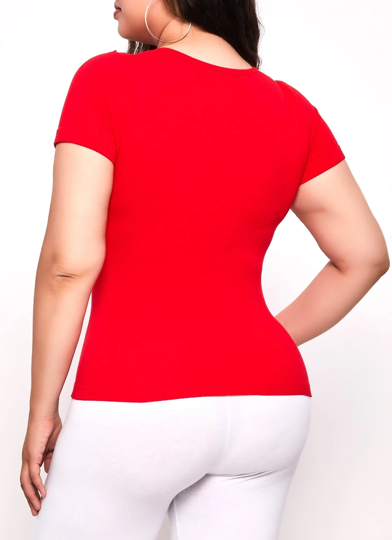 Womens Plus Size Seamless Textured Knit Scoop Neck Tee, Red, Size 1X-2X
