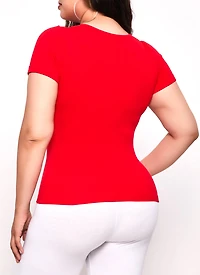 Womens Plus Size Seamless Textured Knit Scoop Neck Tee, Red, Size 1X-2X