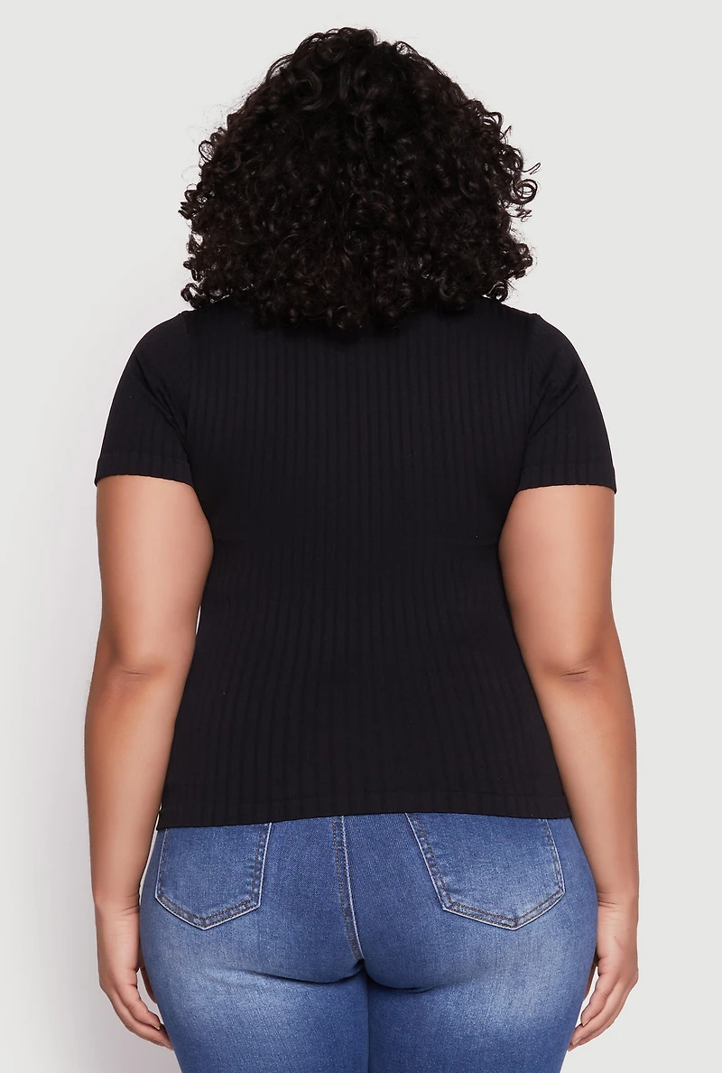 Womens Plus Size Basic Ribbed Knit Seamless Top, Black, Size 1X-2X