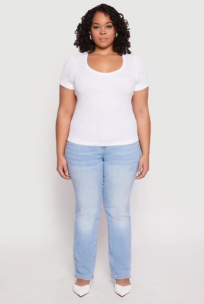 Womens Plus Basic Ribbed Knit Seamless Top, White,