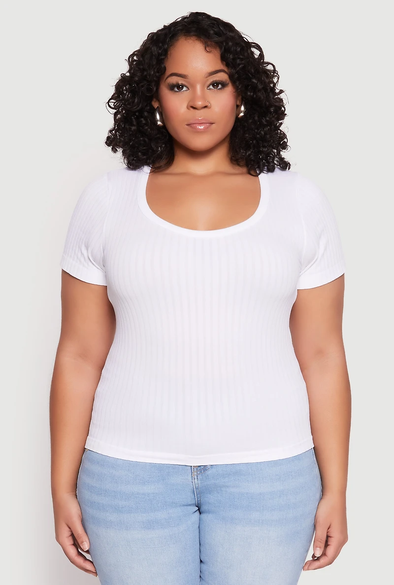 Womens Plus Basic Ribbed Knit Seamless Top, White,