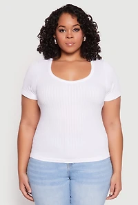 Womens Plus Basic Ribbed Knit Seamless Top, White,