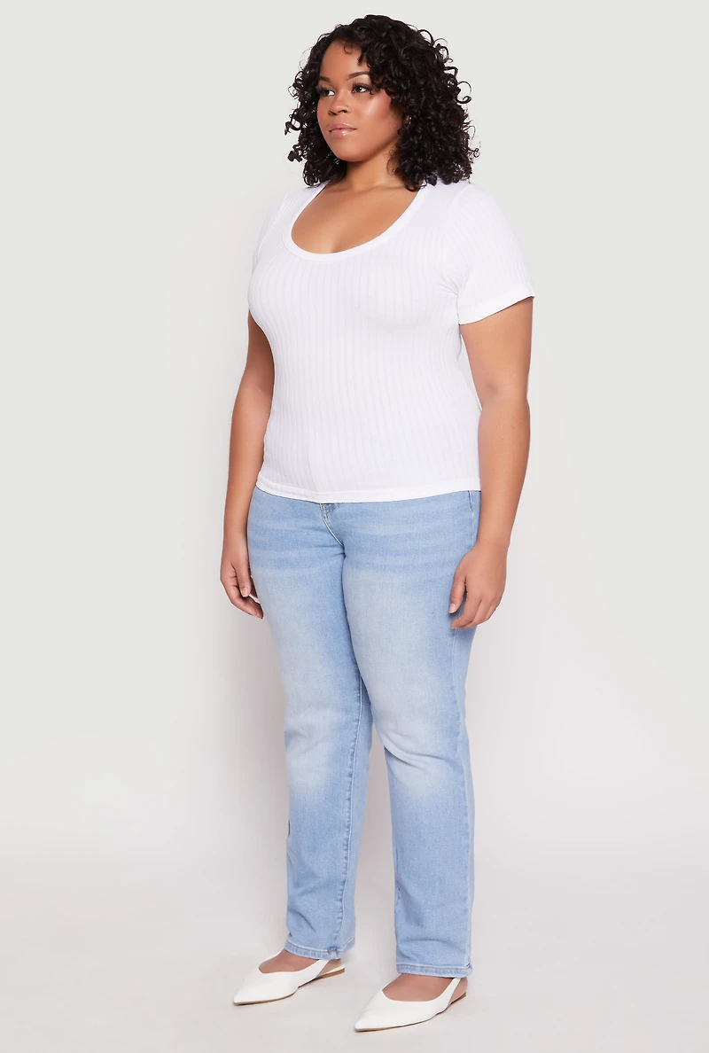 Womens Plus Basic Ribbed Knit Seamless Top, White,