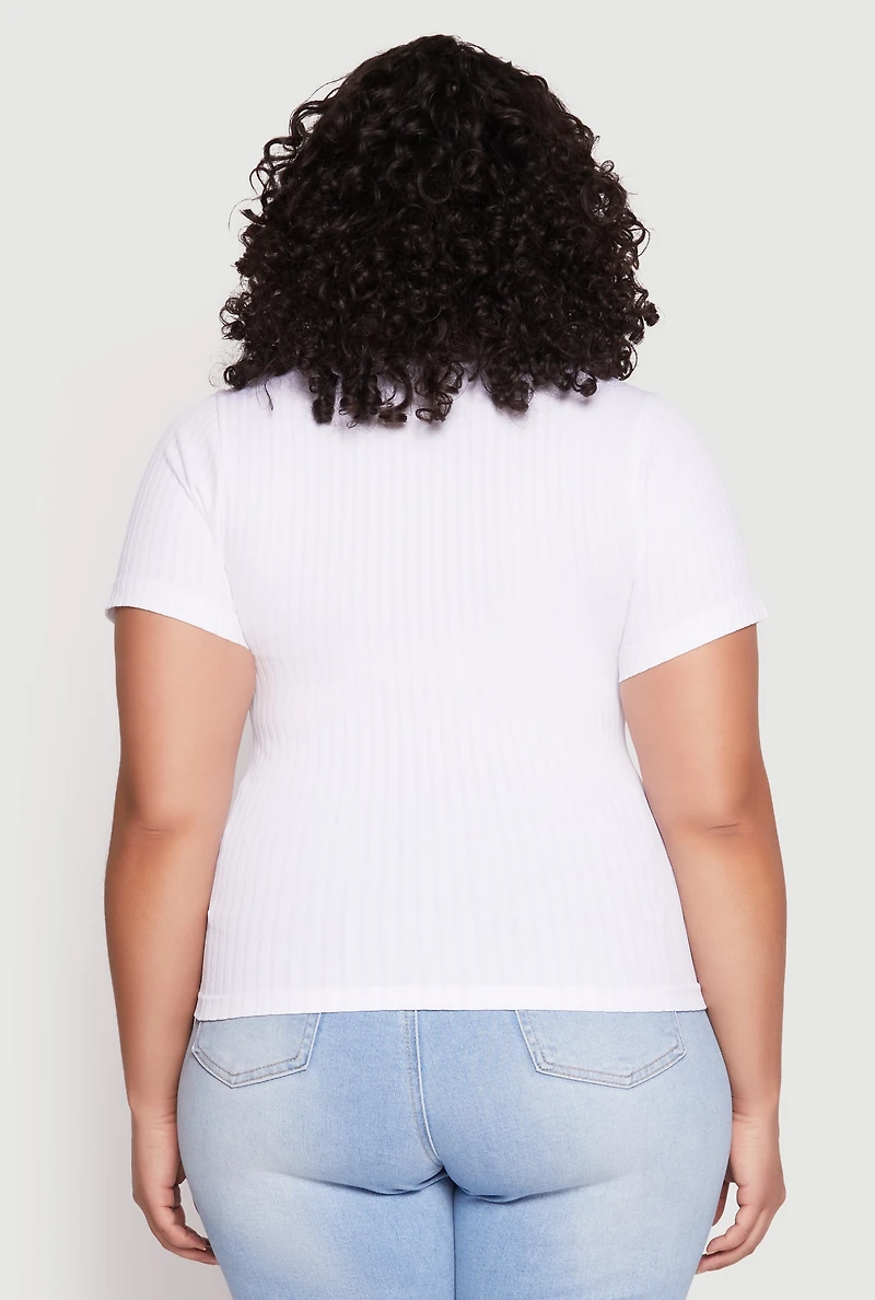 Womens Plus Basic Ribbed Knit Seamless Top, White,