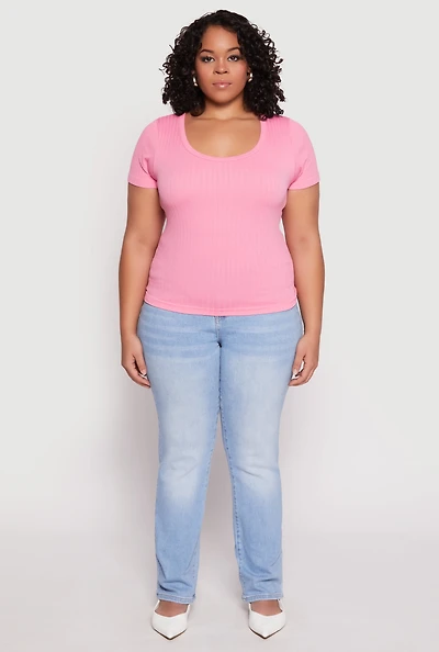 Womens Plus Basic Ribbed Knit Seamless Top, 1X-2X