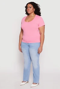 Womens Plus Size Basic Ribbed Knit Seamless Top, Pink, Size 2X-3X