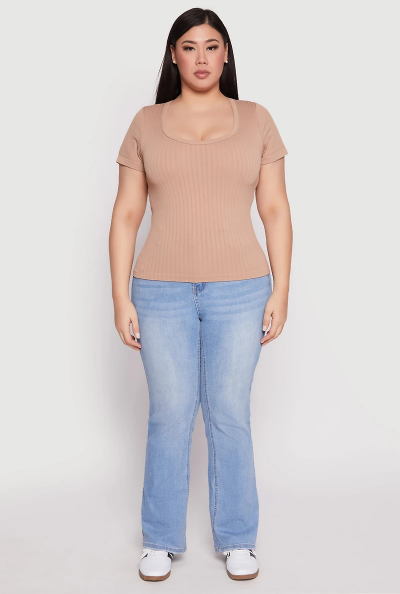 Womens Plus Basic Ribbed Knit Seamless Top, Beige,