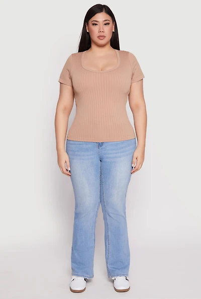 Womens Plus Basic Ribbed Knit Seamless Top, Beige,