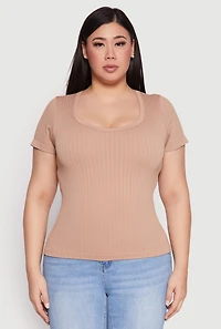 Womens Plus Basic Ribbed Knit Seamless Top, Beige,