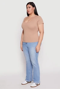 Womens Plus Basic Ribbed Knit Seamless Top, Beige,