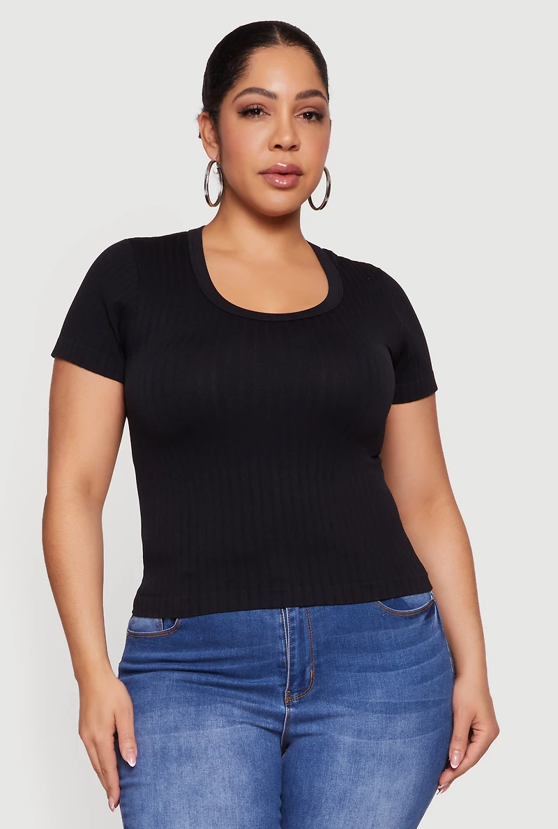 Plus Ribbed Knit Scoop Neck Shirt