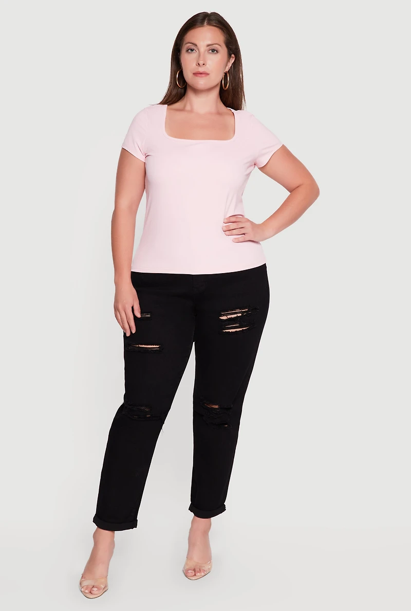Plus Solid Square Neck Short Sleeve Top