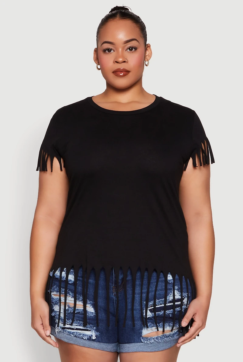 Womens Plus Size Fringe Tee, Black, Size 3X