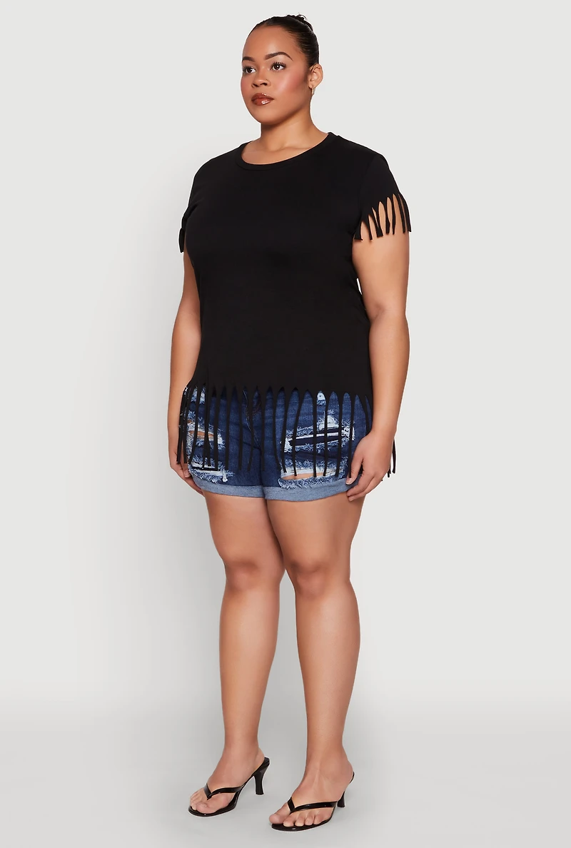 Womens Plus Size Fringe Tee, Black, Size 3X