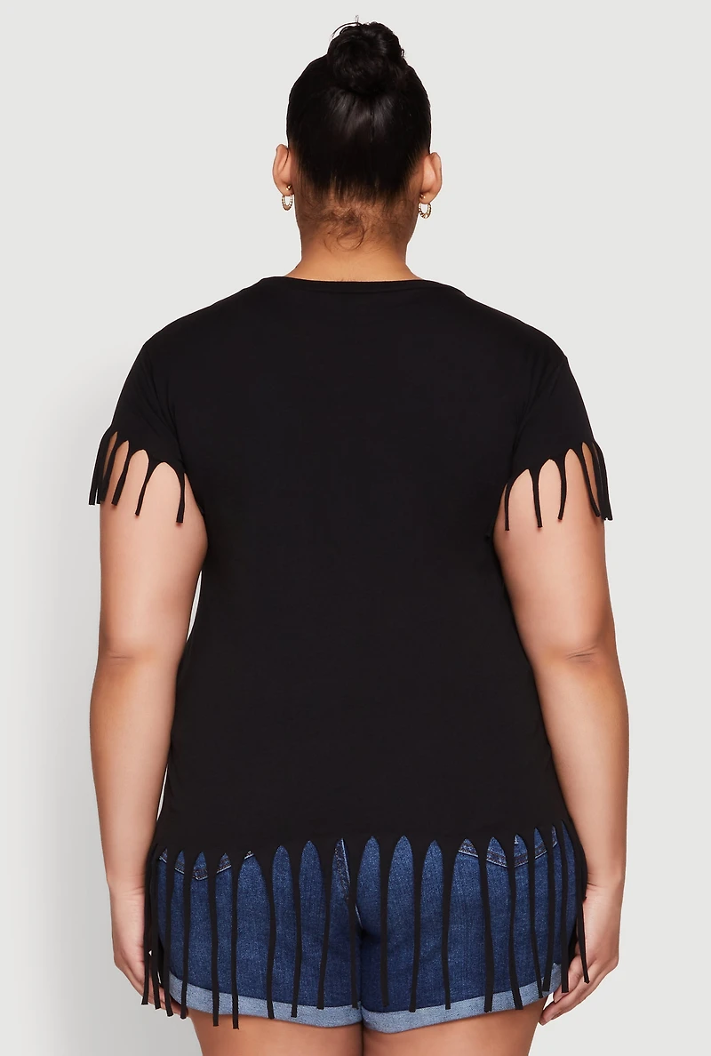Womens Plus Size Fringe Tee, Black, Size 3X
