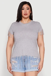 Womens Plus Size Fringe Tee, Grey, Size 3X