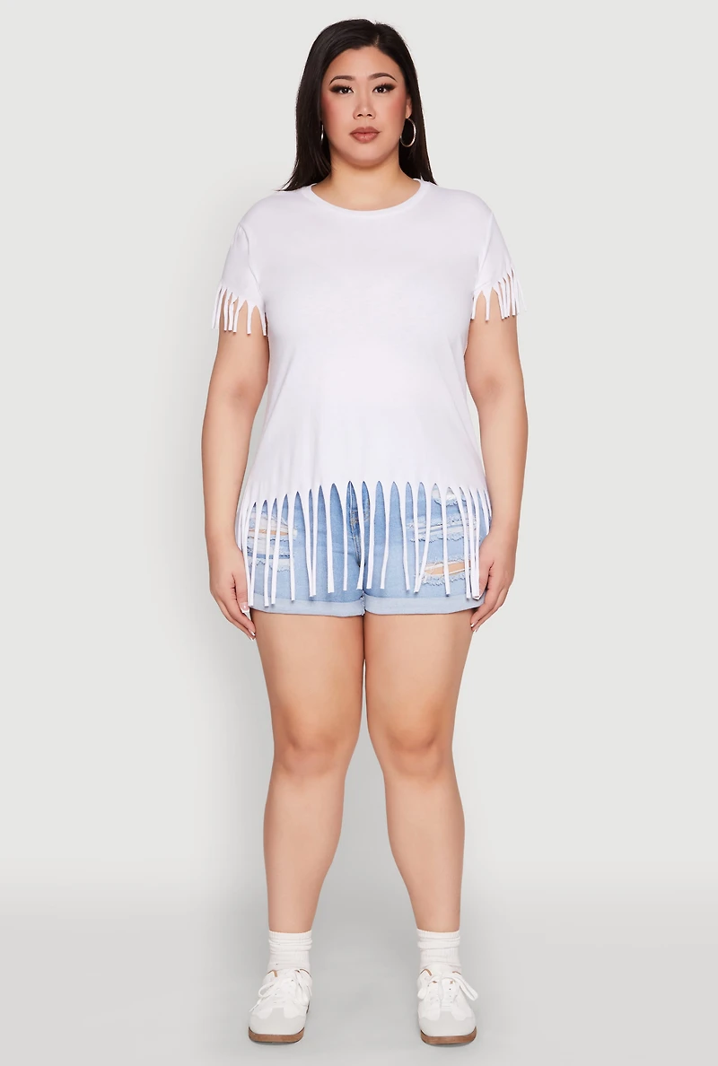 Womens Plus Fringe Tee, White,