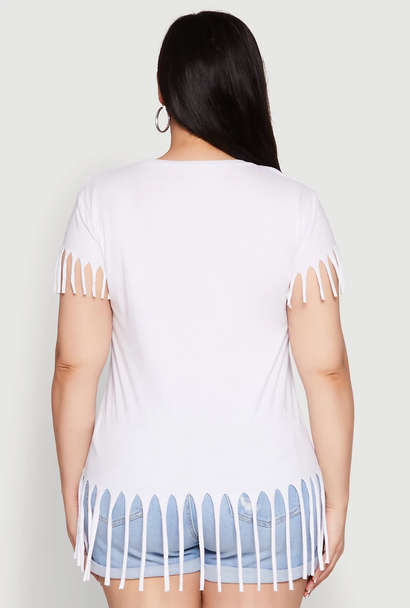 Womens Plus Fringe Tee, White,