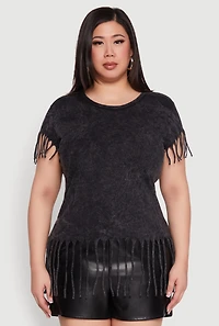 Womens Plus Size Fringe Trim Tee, Black, Size 2X