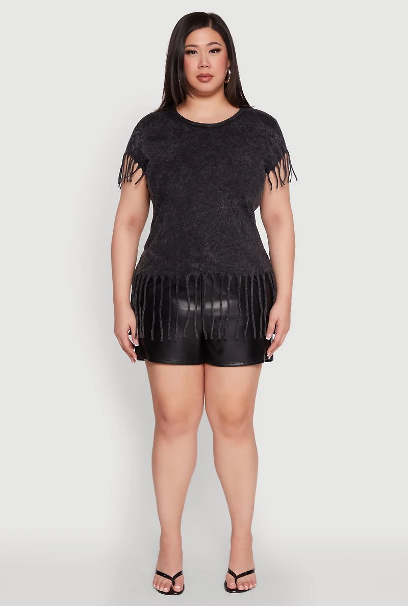 Womens Plus Size Fringe Trim Tee, Black, Size 2X