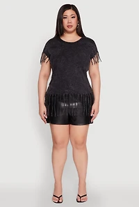Womens Plus Size Fringe Trim Tee, Black, Size 2X