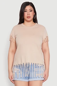 Womens Plus Fringe Trim Tee,
