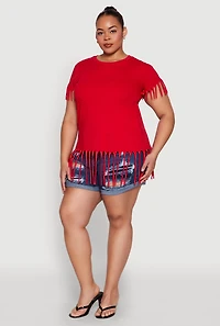 Womens Plus Size Fringe Trim Tee, Red, Size 1X