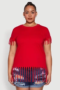 Womens Plus Size Fringe Trim Tee, Red, Size 1X