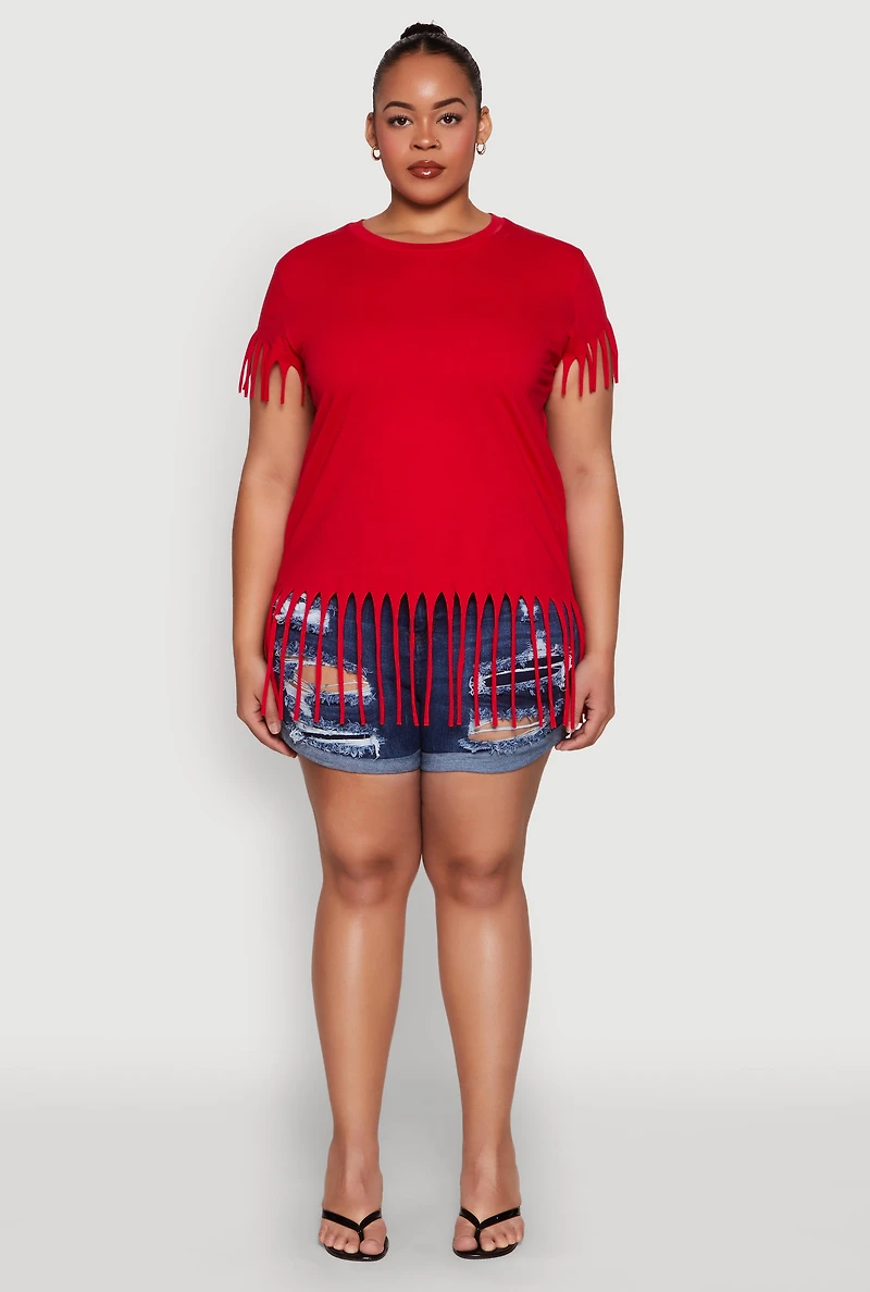 Womens Plus Size Fringe Trim Tee, Red, Size 1X