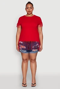 Womens Plus Size Fringe Trim Tee, Red, Size 1X