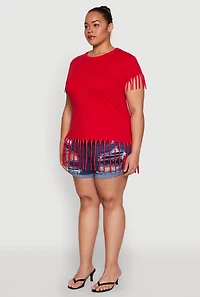 Womens Plus Size Fringe Trim Tee, Red, Size 1X