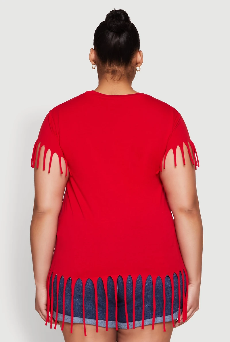 Womens Plus Size Fringe Trim Tee, Red, Size 1X