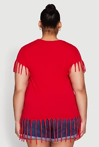 Womens Plus Size Fringe Trim Tee, Red, Size 1X