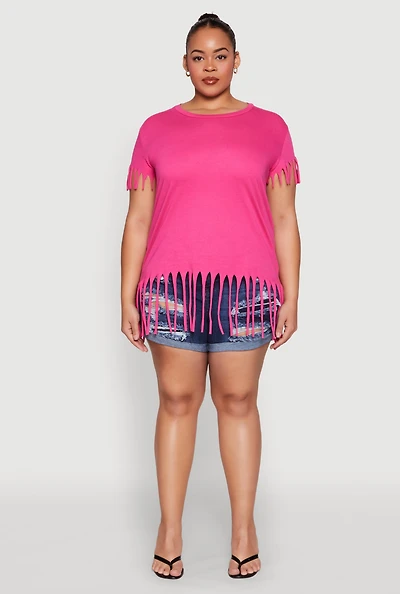 Womens Plus Size Fringe Trim Tee, Pink, Size 2X