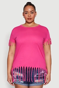 Womens Plus Size Fringe Trim Tee, Pink, Size 2X