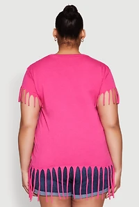 Womens Plus Size Fringe Trim Tee, Pink, Size 2X