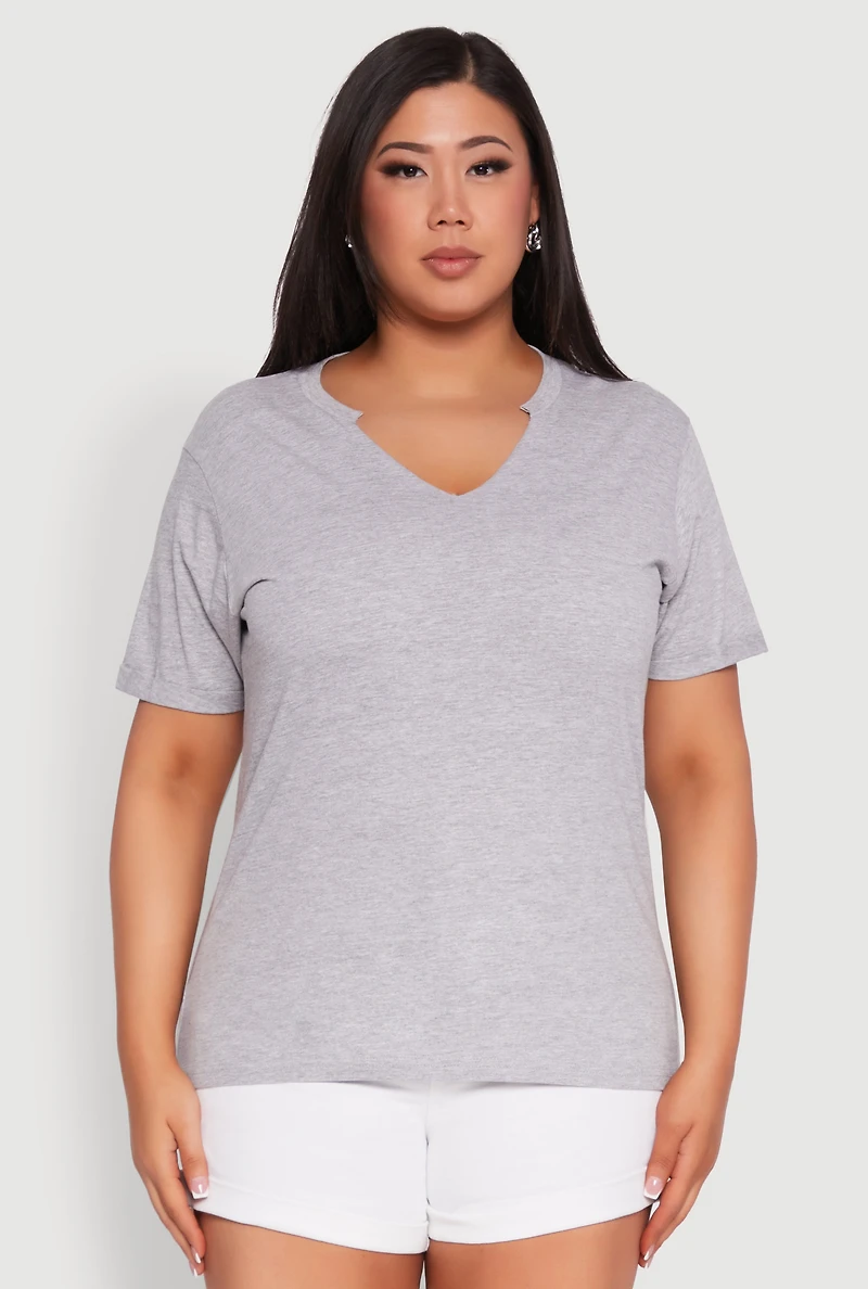 Womens Plus Size Notch Neck Basic Tee, Grey, Size 2X