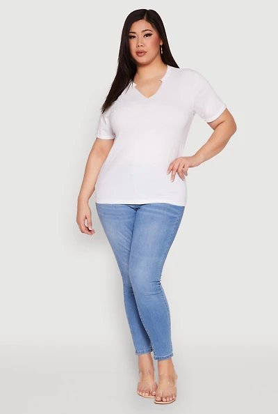 Womens Plus Size Notch Neck Basic Tee, White, Size 1X