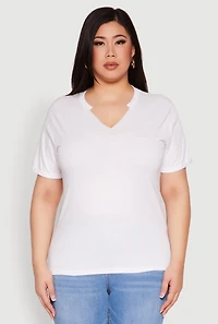 Womens Plus Size Notch Neck Basic Tee, White, Size 1X