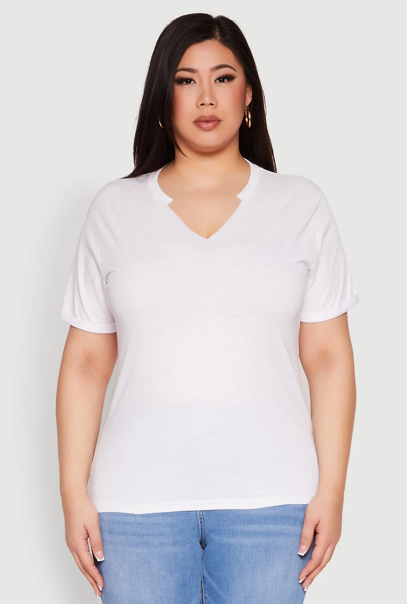 Womens Plus Size Notch Neck Basic Tee, White, Size 1X