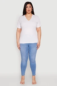 Womens Plus Size Notch Neck Basic Tee, White, Size 1X