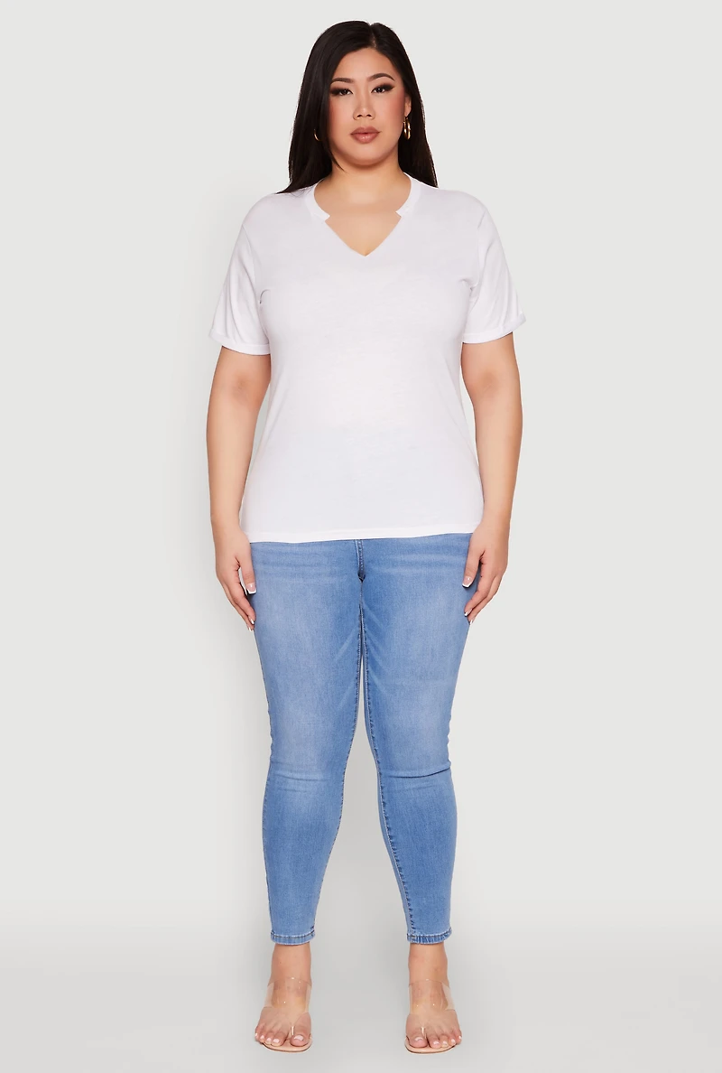 Womens Plus Size Notch Neck Basic Tee, White, Size 1X