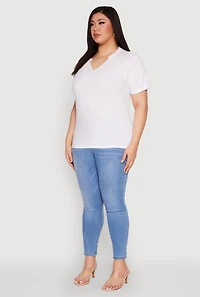 Womens Plus Size Notch Neck Basic Tee, White, Size 1X