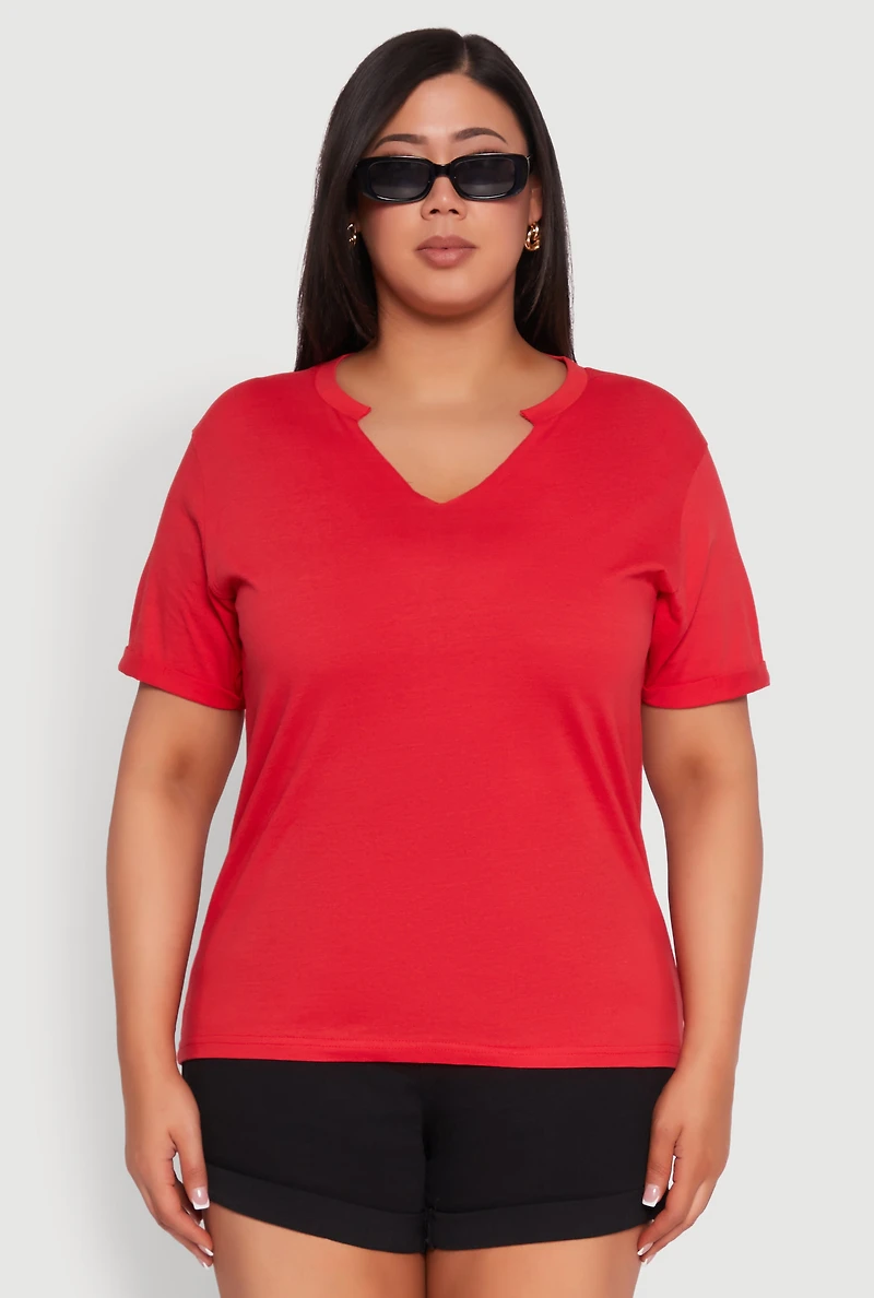 Womens Plus Size Notch Neck T Shirt, Red, Size 2X