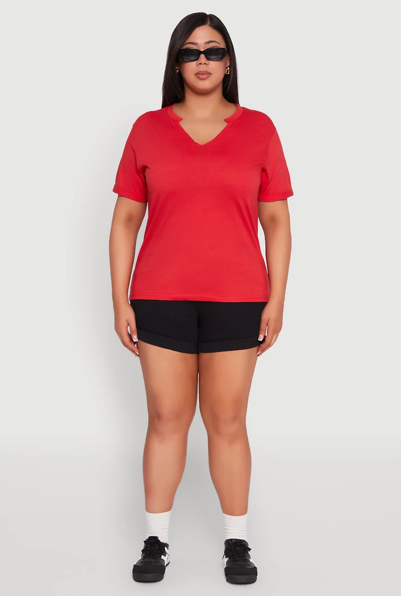Womens Plus Size Notch Neck T Shirt, Red, Size 2X